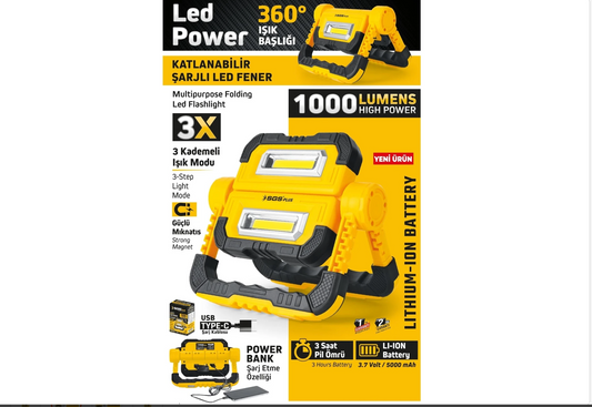 SGS 5057 SARJLI LED ÇALIŞMA LAMBASI- POWER BANK 1000 LÜMEN 3.7 VOLT/5000mAh